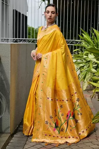 Yellow color banarasi silk blend paithani meena zari weaving saree