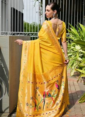 Yellow color banarasi silk blend paithani meena zari weaving saree 3