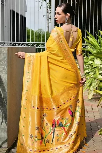 Yellow color banarasi silk blend paithani meena zari weaving saree
