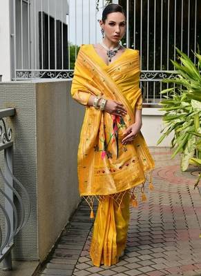 Yellow color banarasi silk blend paithani meena zari weaving saree 4