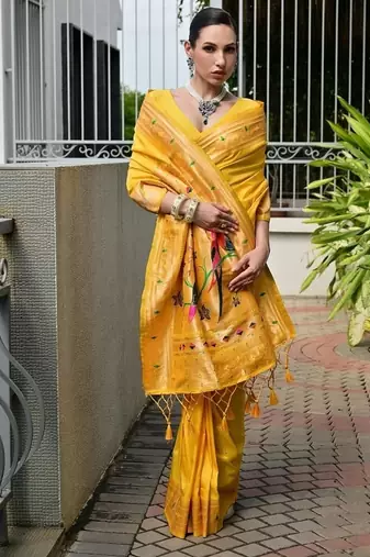 Yellow color banarasi silk blend paithani meena zari weaving saree