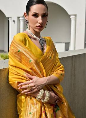 Yellow color banarasi silk blend paithani meena zari weaving saree 5