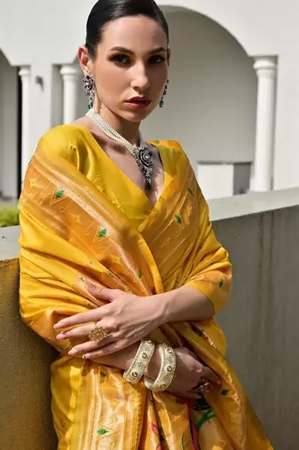 Yellow color banarasi silk blend paithani meena zari weaving saree