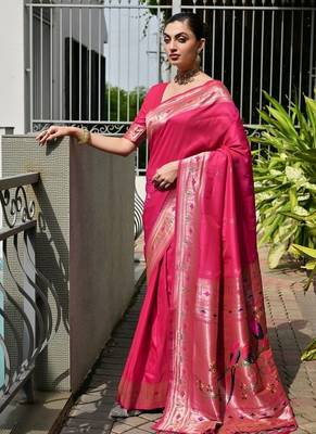 Pink color banarasi silk blend paithani meena zari weaving saree 1
