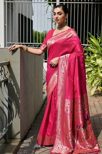 Pink color banarasi silk paithani meena zari weaving saree
