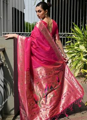 Pink color banarasi silk blend paithani meena zari weaving saree 2