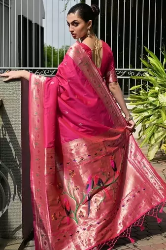 Pink color banarasi silk blend paithani meena zari weaving saree