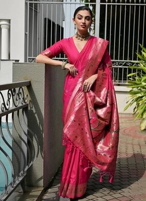 Pink color banarasi silk blend paithani meena zari weaving saree 3