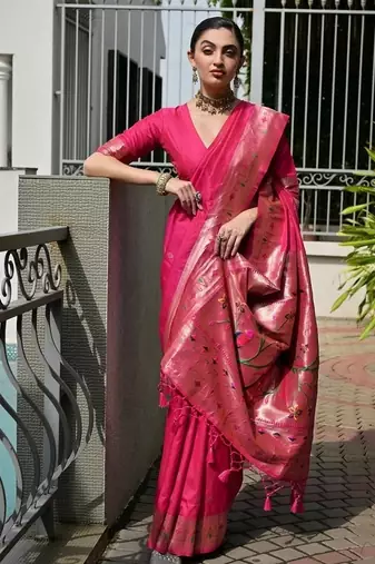 Pink color banarasi silk blend paithani meena zari weaving saree