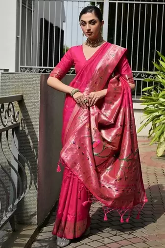 Pink color banarasi silk blend paithani meena zari weaving saree