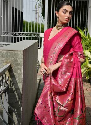 Pink color banarasi silk blend paithani meena zari weaving saree 5