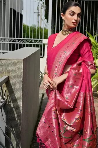 Pink color banarasi silk blend paithani meena zari weaving saree