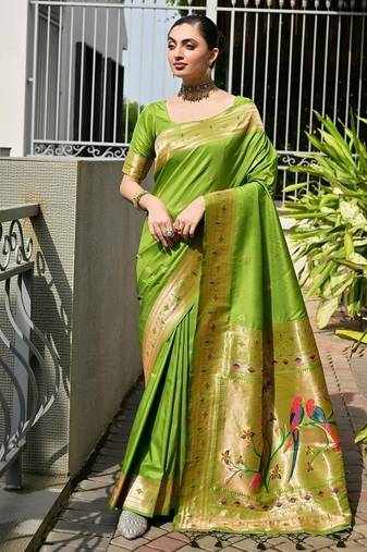Light green color banarasi silk paithani meena zari weaving saree