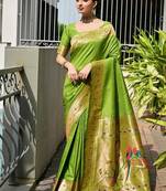 Light green color banarasi silk blend paithani meena zari weaving saree
