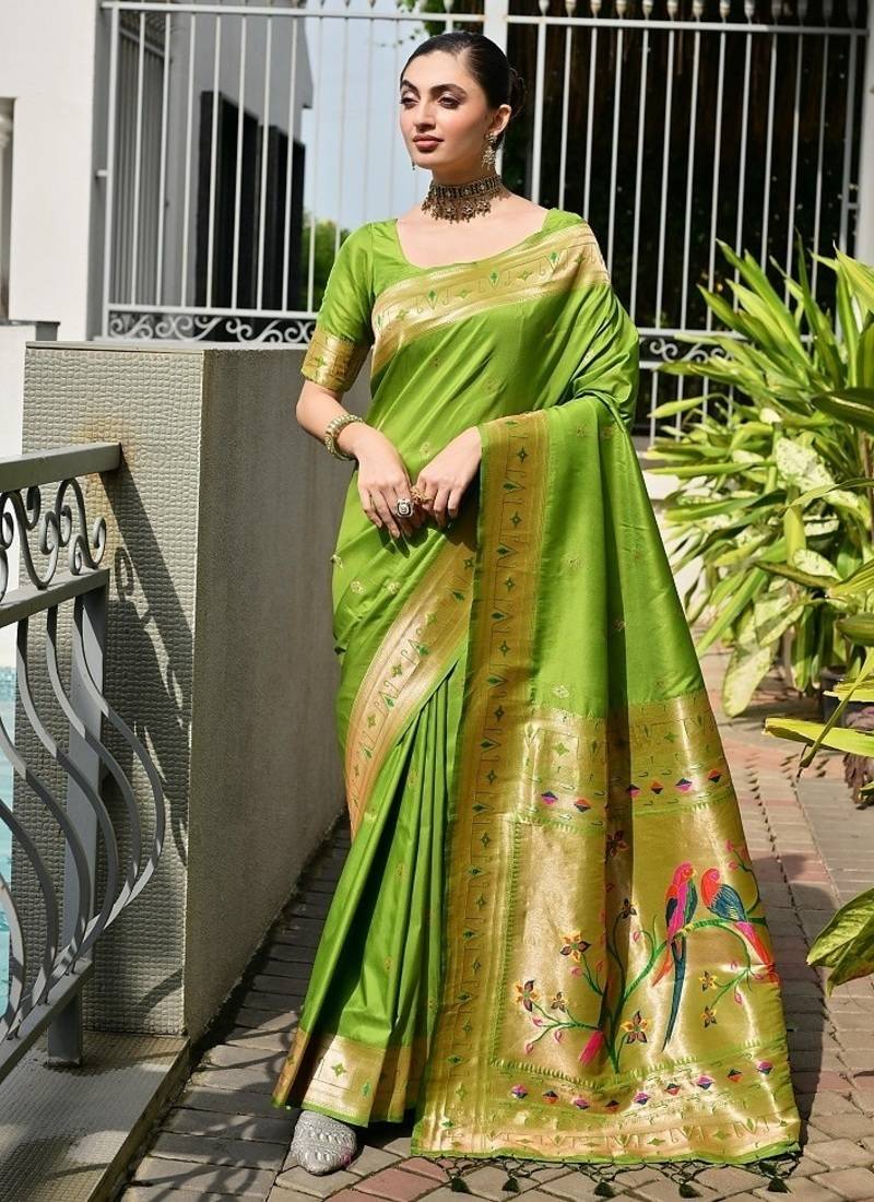 Light green color banarasi silk paithani meena zari weaving saree