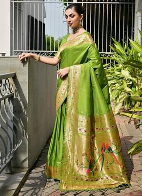 Light green color banarasi silk blend paithani meena zari weaving saree 2