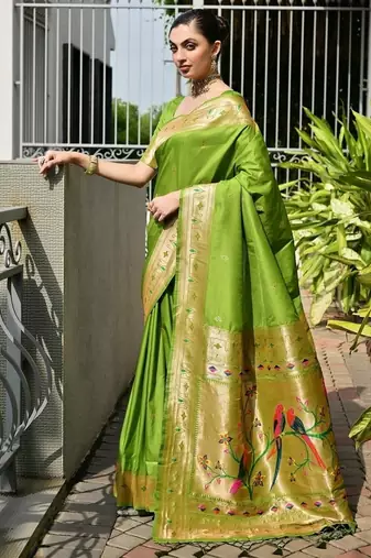 Light green color banarasi silk blend paithani meena zari weaving saree