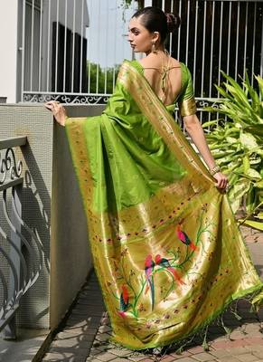 Light green color banarasi silk blend paithani meena zari weaving saree 3