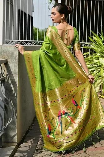 Light green color banarasi silk blend paithani meena zari weaving saree