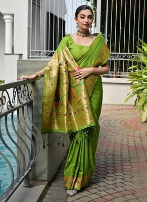 Light green color banarasi silk blend paithani meena zari weaving saree 4