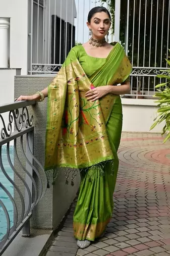 Light green color banarasi silk blend paithani meena zari weaving saree