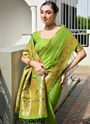 Light green color banarasi silk blend paithani meena zari weaving saree 5