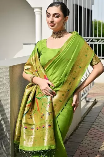 Light green color banarasi silk blend paithani meena zari weaving saree