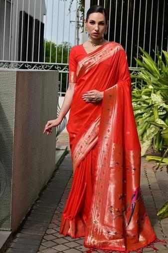 Red color banarasi silk paithani meena zari weaving saree