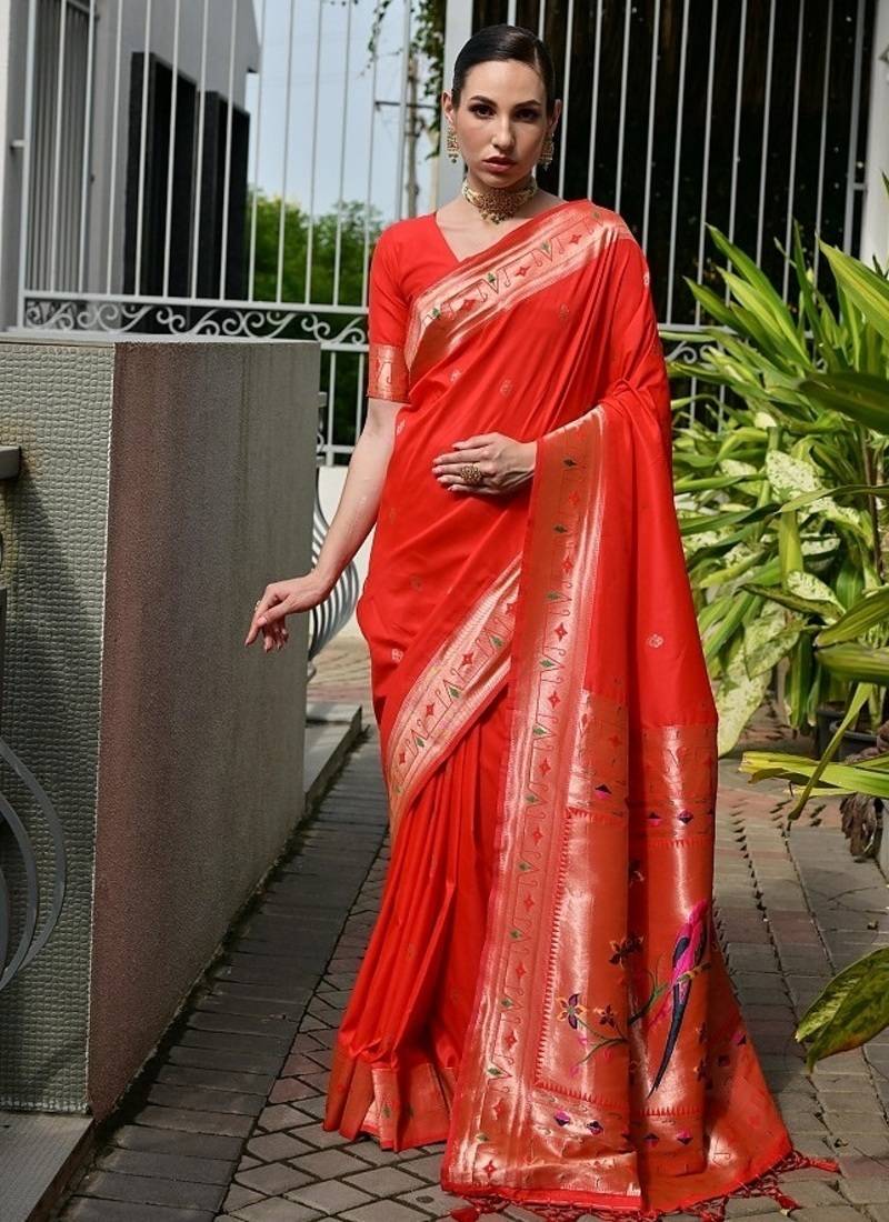 Red color banarasi silk paithani meena zari weaving saree