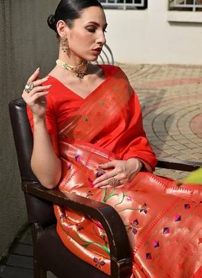 Red color banarasi silk blend paithani meena zari weaving saree 3