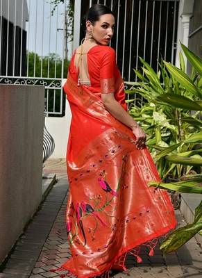 Red color banarasi silk blend paithani meena zari weaving saree 5