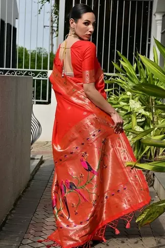 Red color banarasi silk blend paithani meena zari weaving saree