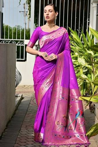 Purple color banarasi silk paithani meena zari weaving saree