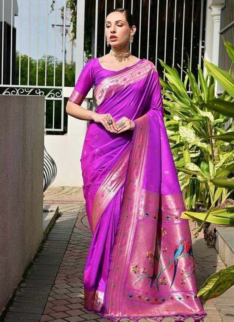 Purple color banarasi silk paithani meena zari weaving saree