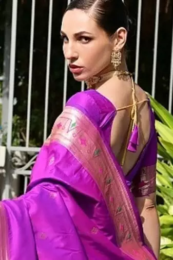 Purple color banarasi silk blend paithani meena zari weaving saree