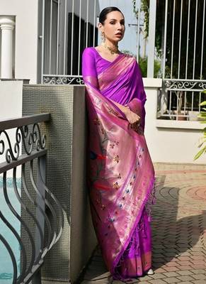 Purple color banarasi silk blend paithani meena zari weaving saree 4