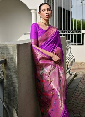 Purple color banarasi silk blend paithani meena zari weaving saree 5