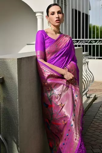 Purple color banarasi silk blend paithani meena zari weaving saree