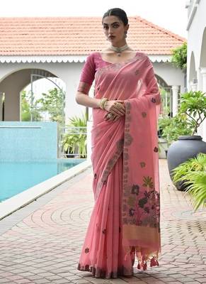 Pink chanderi cotton resham weaving party wear saree 1