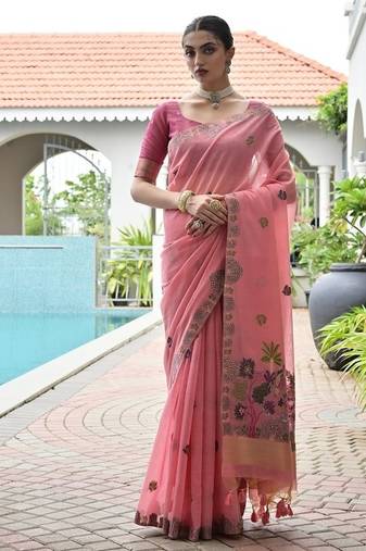 Pink color chanderi cotton resham weaving party wear saree