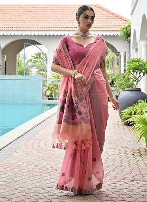 Pink chanderi cotton resham weaving party wear saree 2