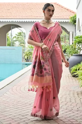 Pink color chanderi cotton resham weaving party wear saree