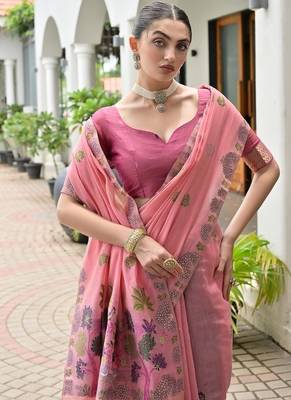 Pink chanderi cotton resham weaving party wear saree 3
