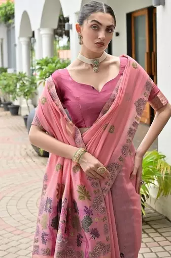 Pink color chanderi cotton resham weaving party wear saree