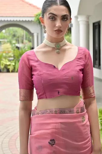Pink color chanderi cotton resham weaving party wear saree