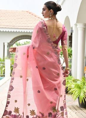 Pink chanderi cotton resham weaving party wear saree 5