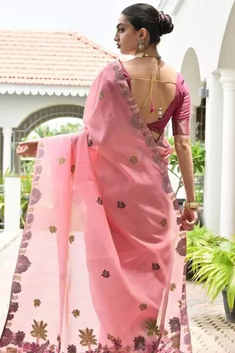 Pink color chanderi cotton resham weaving party wear saree