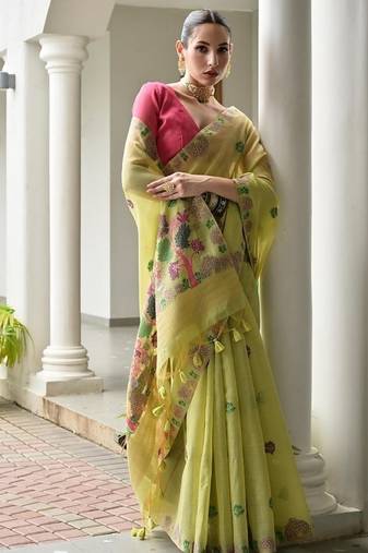Green color chanderi cotton resham weaving party wear saree