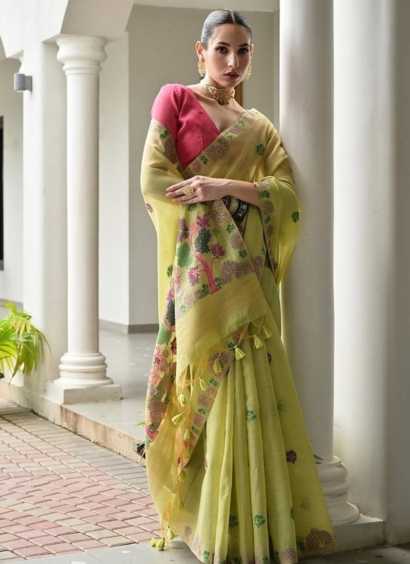 Green color chanderi cotton resham weaving party wear saree