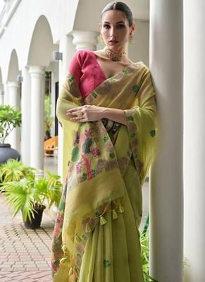 Green color chanderi cotton resham weaving party wear saree 2